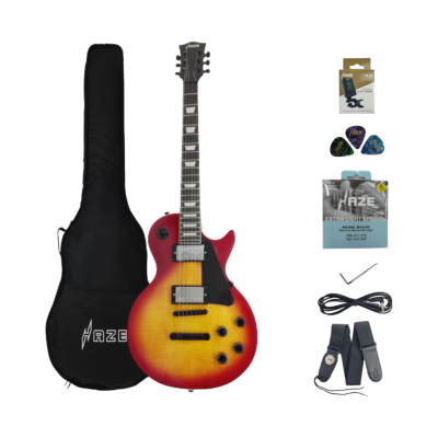 Haze HSG9TCS Solid Body Flame Maple Cherry Top Electric Guitar, Sunburst w/Accessories